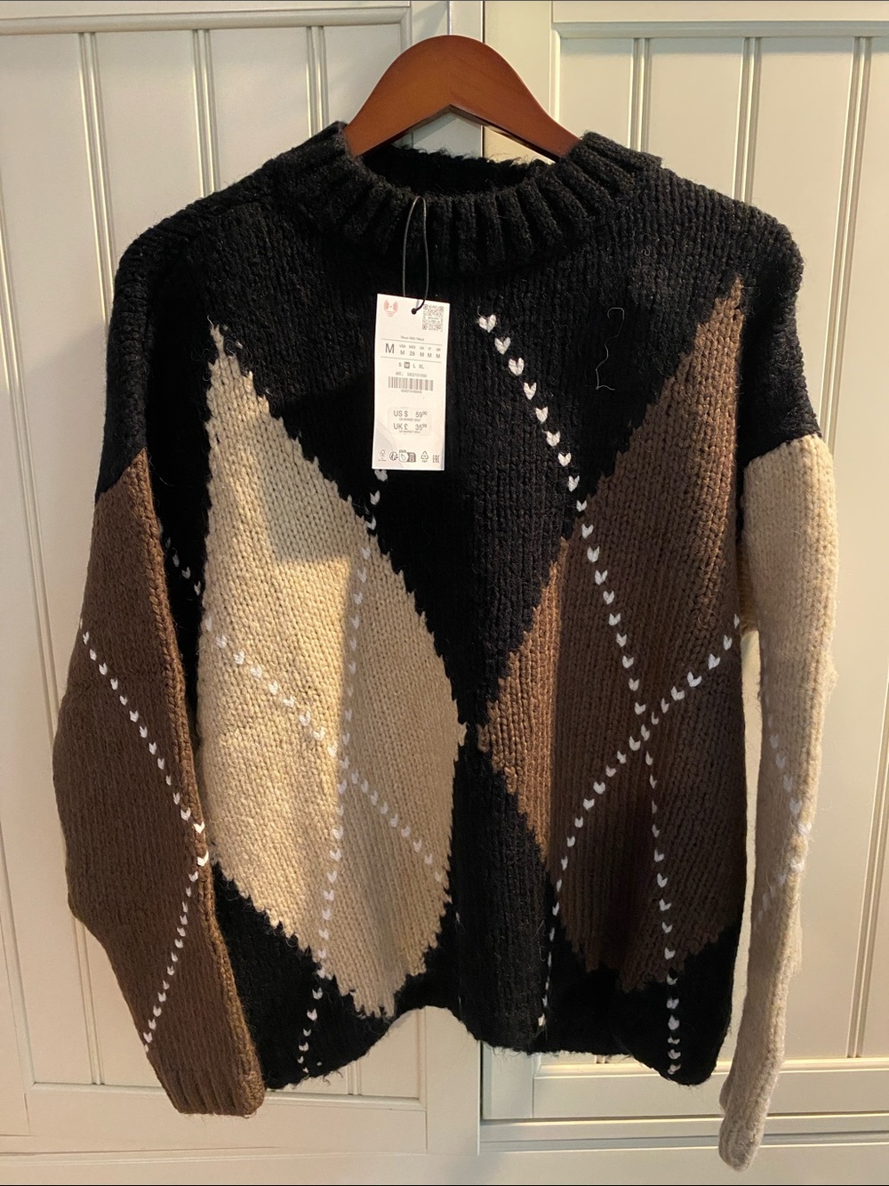 Zara Argyle Chunky Knit Turtleneck Sweater - Black, Brown, Cream